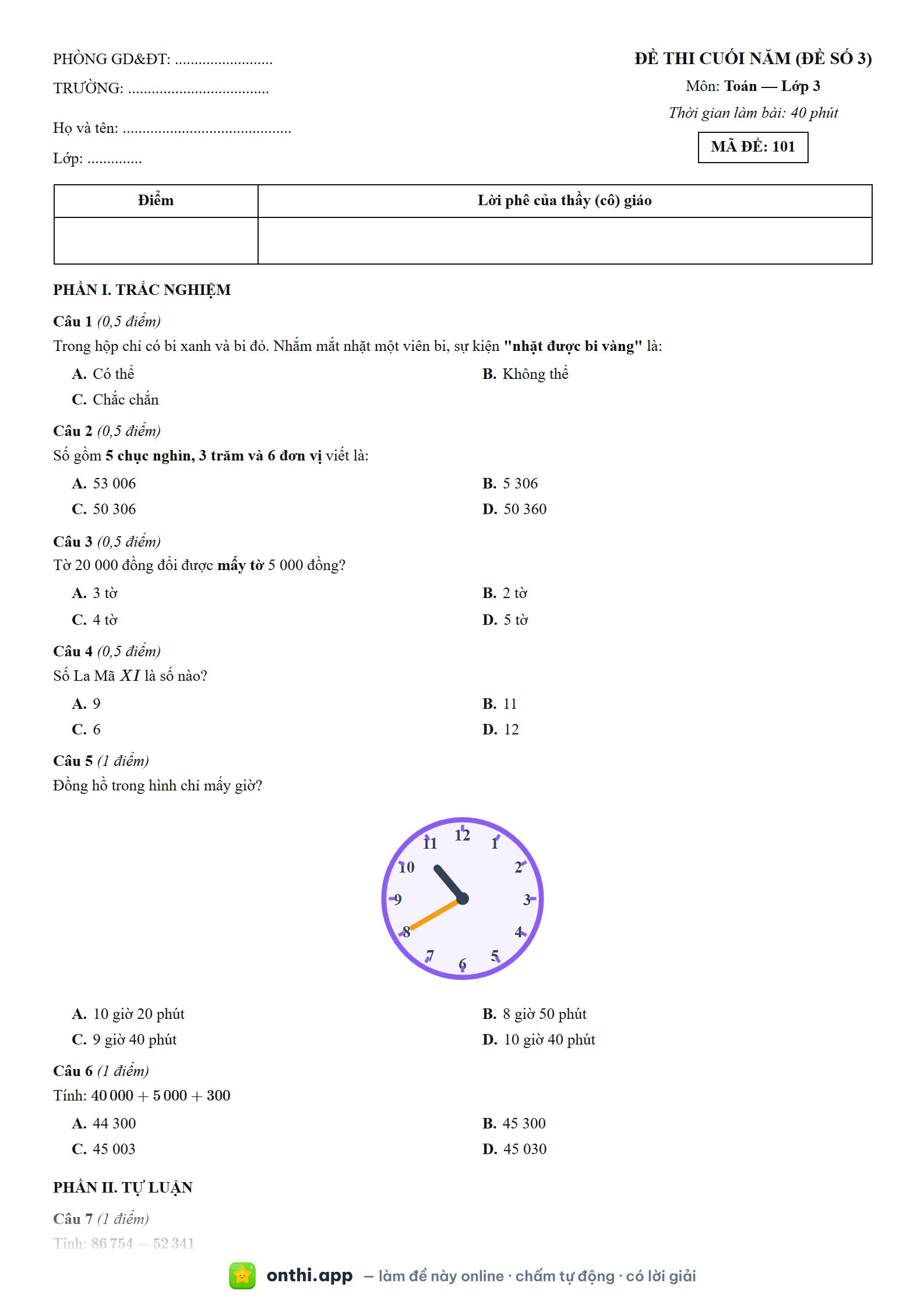 Đề thi cuối năm (đề số 3) môn Toán Lớp 3 - tờ đề bản in trang 1, có đáp án và lời giải chi tiết