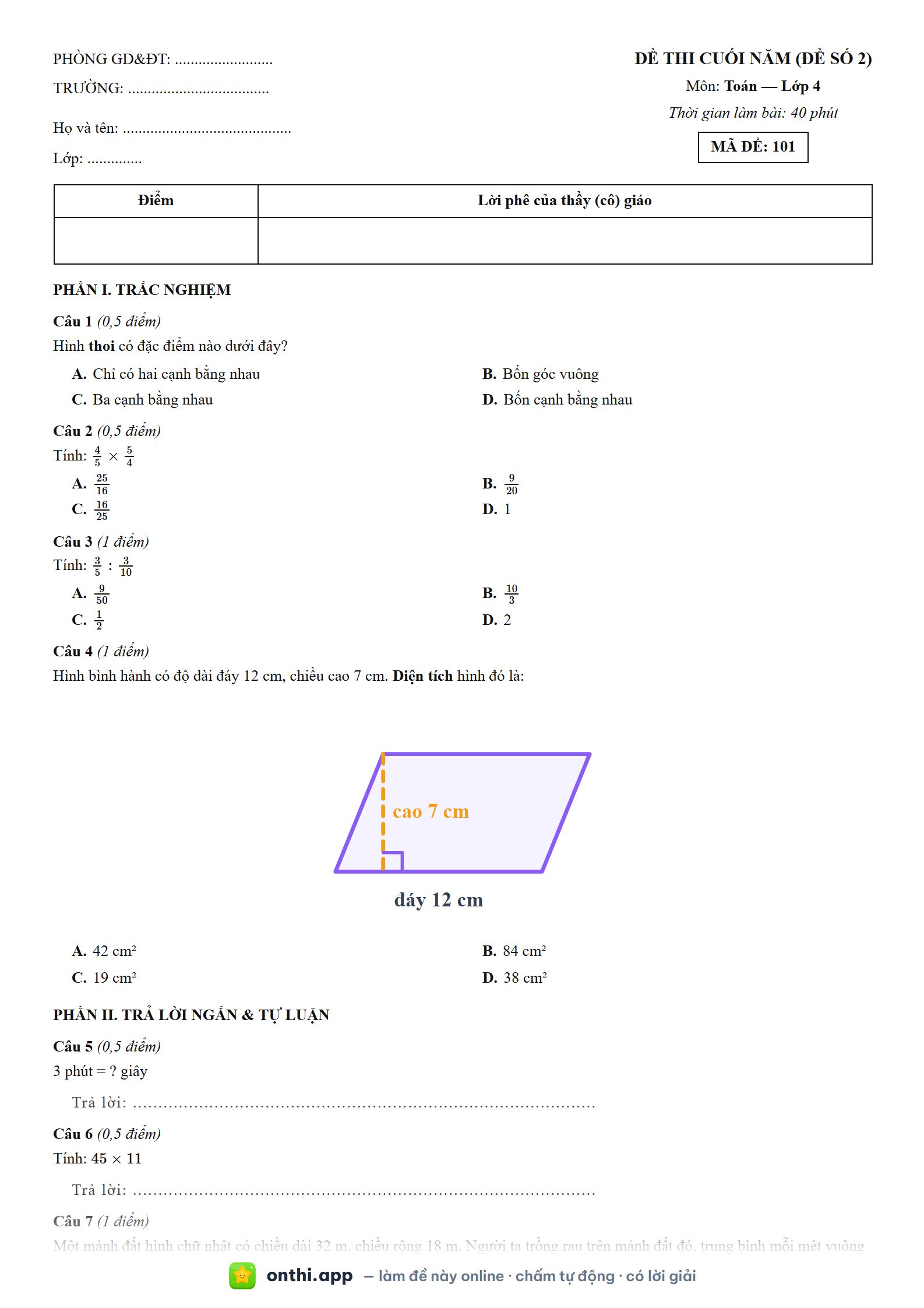 Đề thi cuối năm (Đề số 2) môn Toán Lớp 4 - tờ đề bản in trang 1, có đáp án và lời giải chi tiết