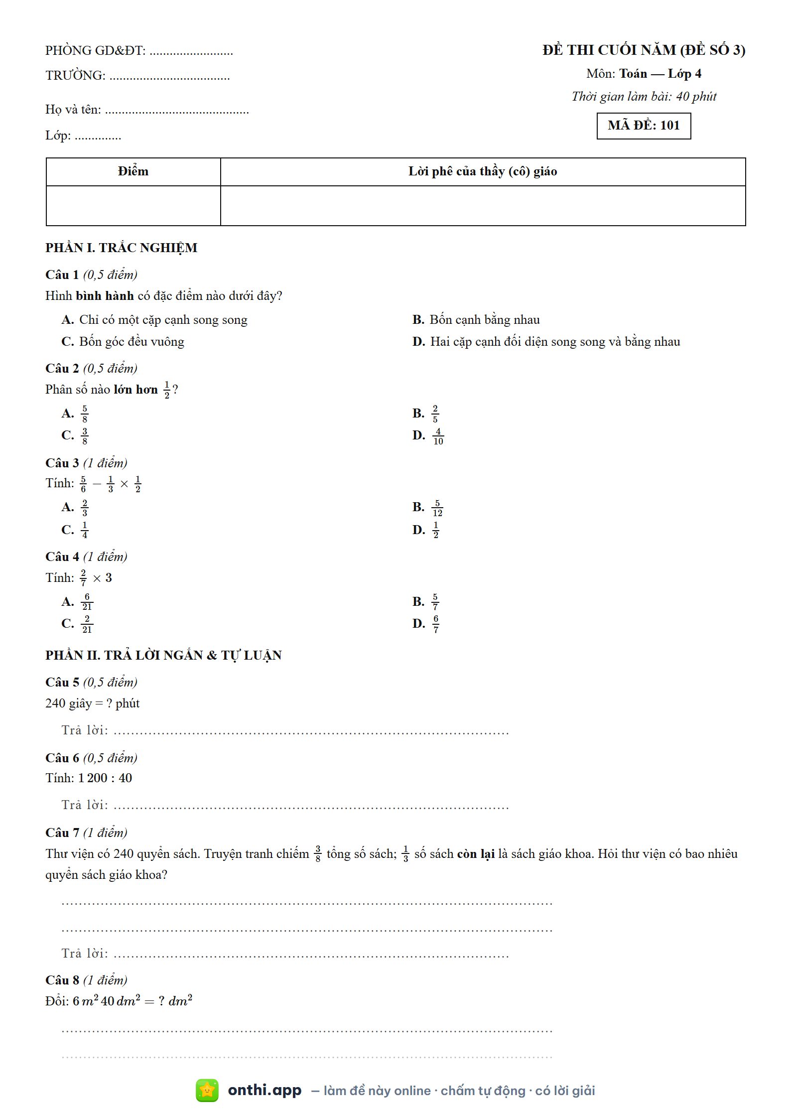 Đề thi cuối năm (Đề số 3) môn Toán Lớp 4 - tờ đề bản in trang 1, có đáp án và lời giải chi tiết