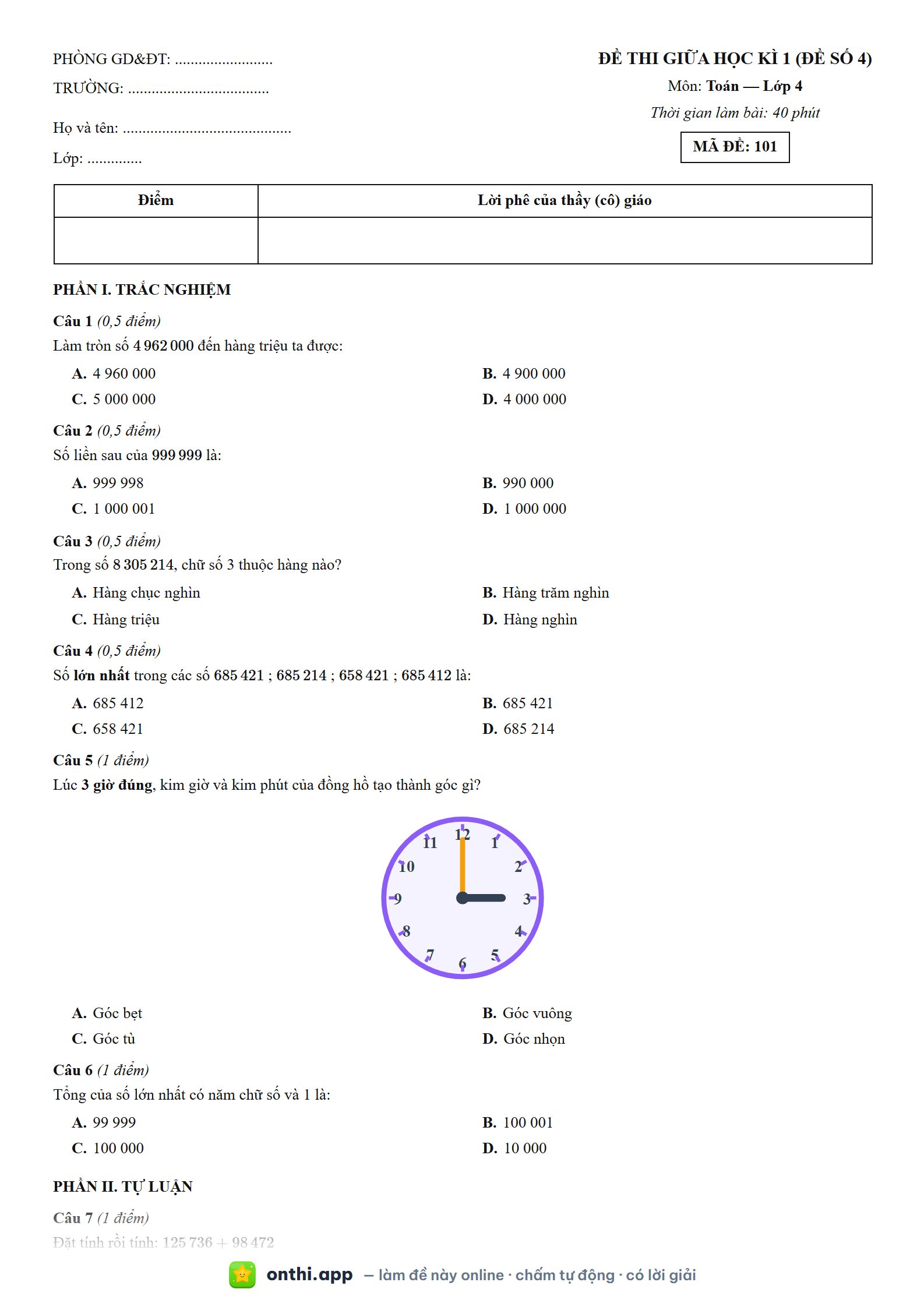 Đề thi giữa học kì 1 (Đề số 4) môn Toán Lớp 4 - tờ đề bản in trang 1, có đáp án và lời giải chi tiết