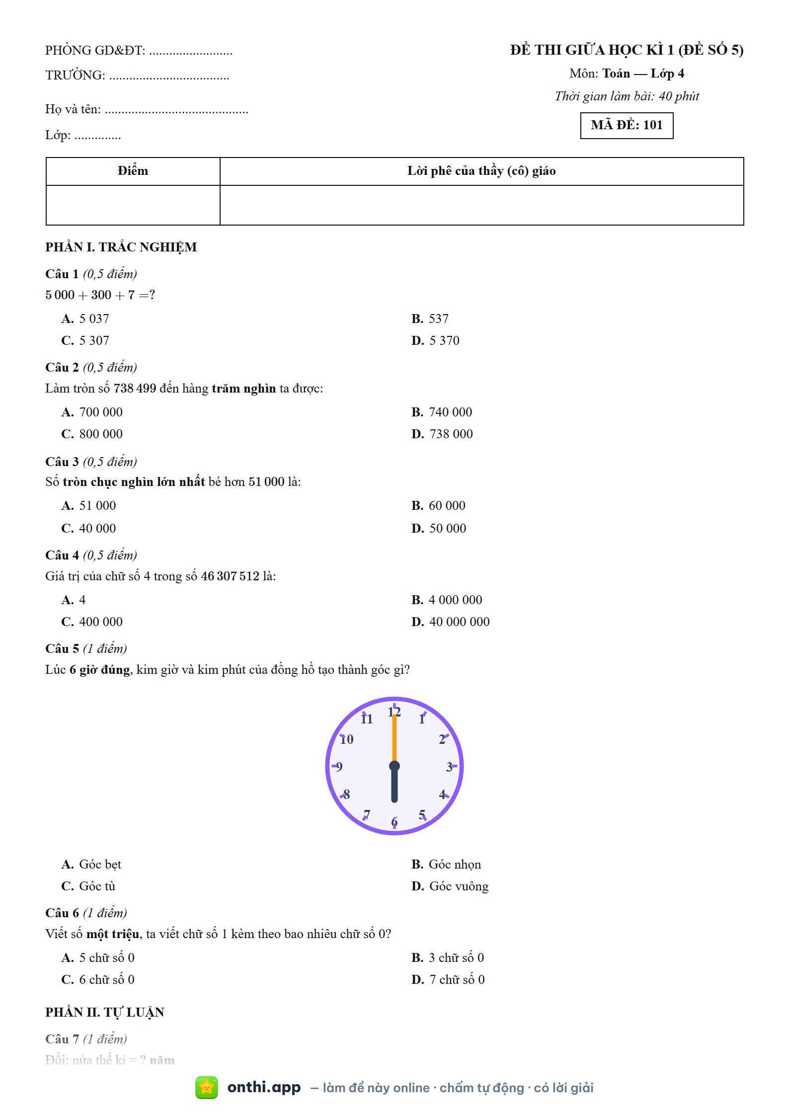 Đề thi giữa học kì 1 (Đề số 5) môn Toán Lớp 4 - tờ đề bản in trang 1, có đáp án và lời giải chi tiết