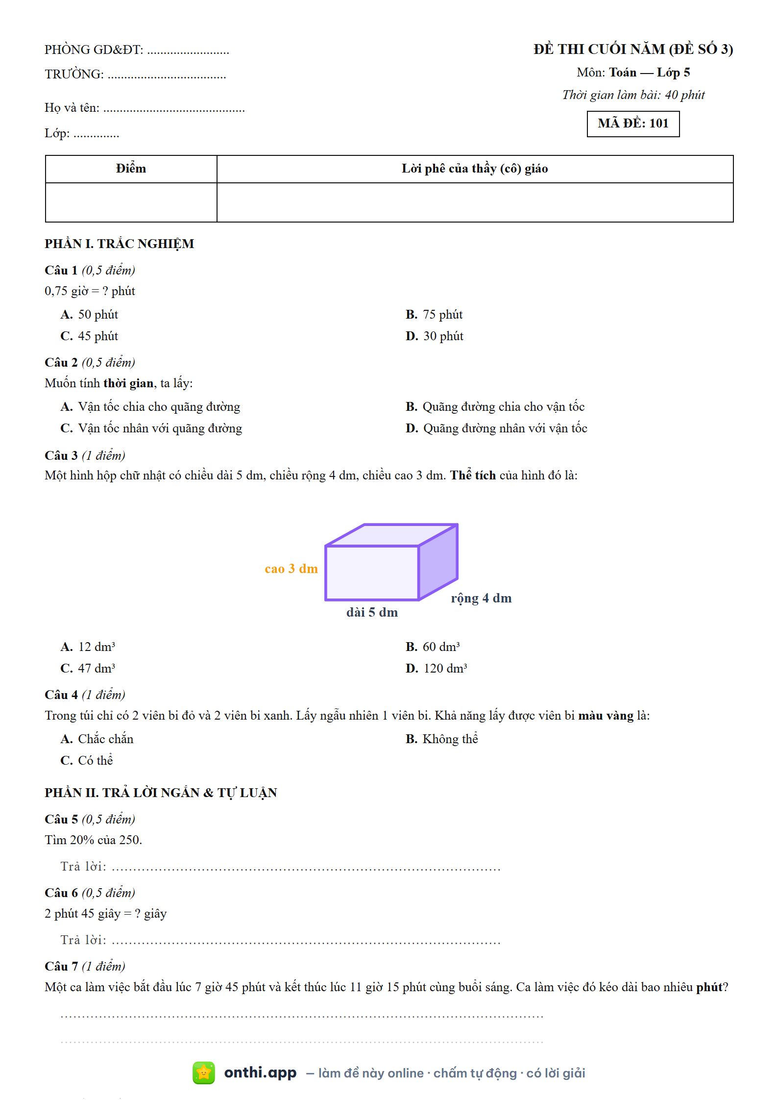Đề thi cuối năm (Đề số 3) môn Toán Lớp 5 - tờ đề bản in trang 1, có đáp án và lời giải chi tiết