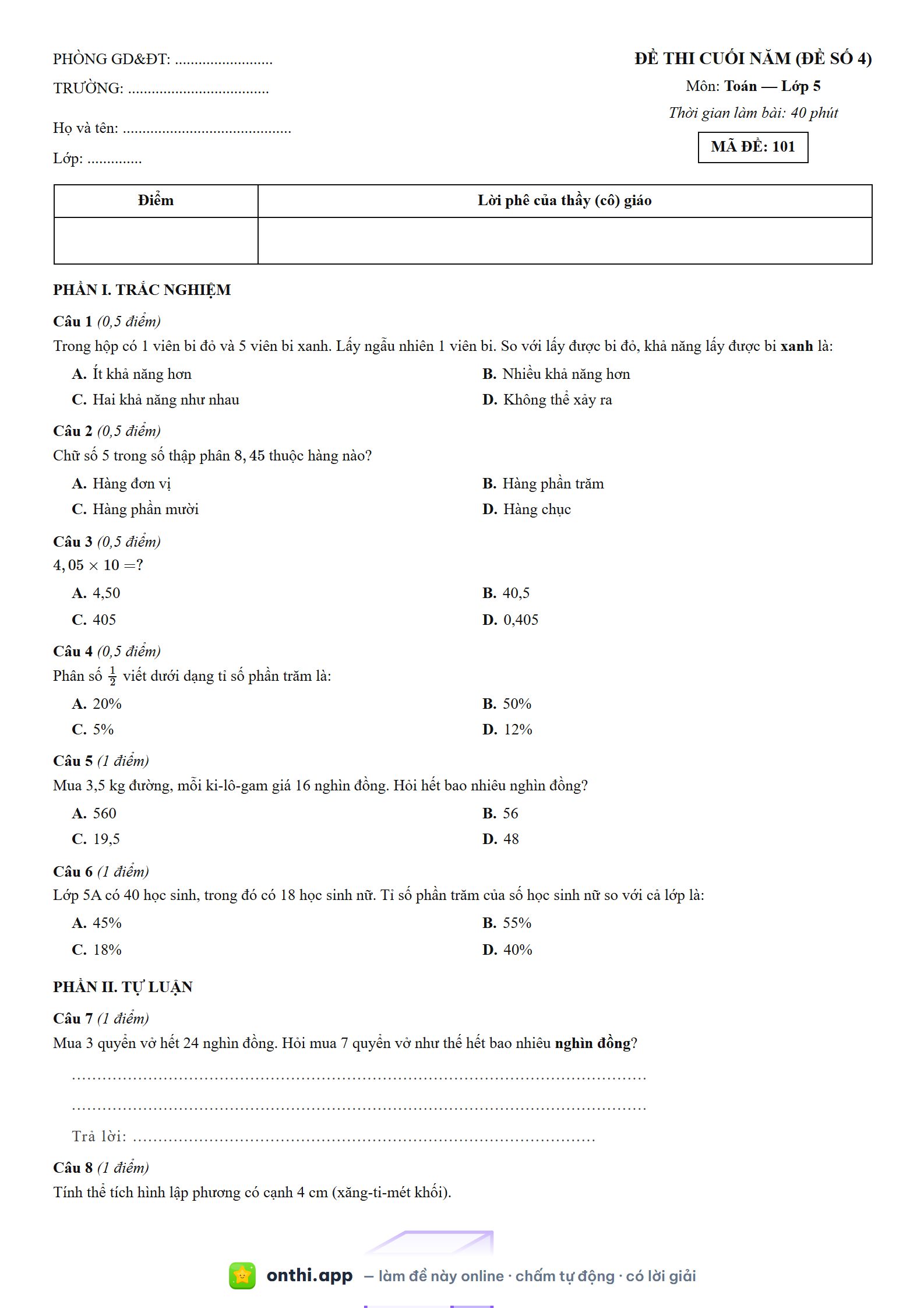 Đề thi cuối năm (Đề số 4) môn Toán Lớp 5 - tờ đề bản in trang 1, có đáp án và lời giải chi tiết